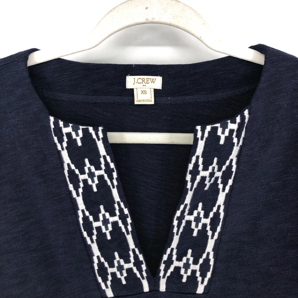 J. Crew Factory Navy Geometric Trim V Neck Blouse - Picture 3 of 5